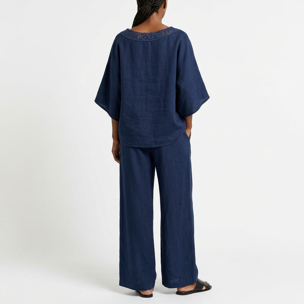 Lace-Detail Pants Set – Relaxed T-Shirt Top, navy