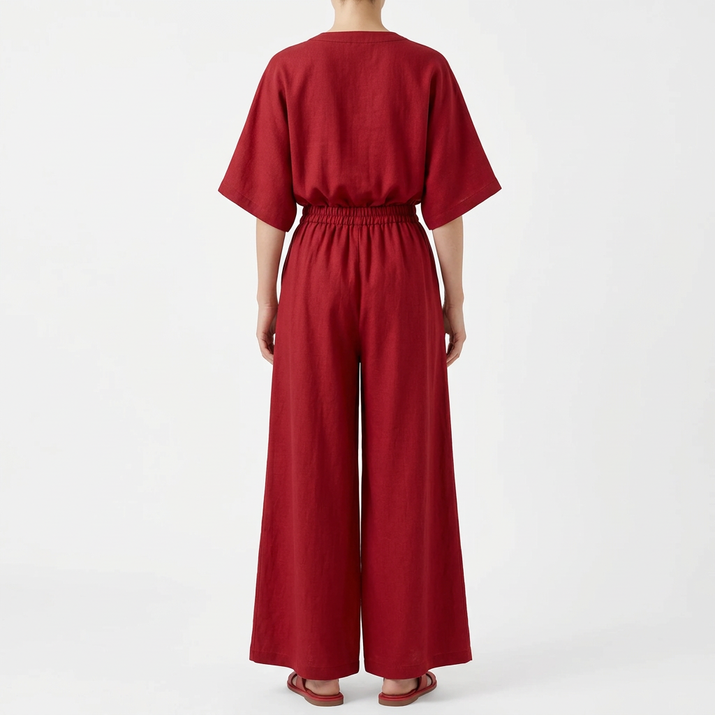 Wide-Leg Pants Set – V-Neck Top & Elastic Waist, red