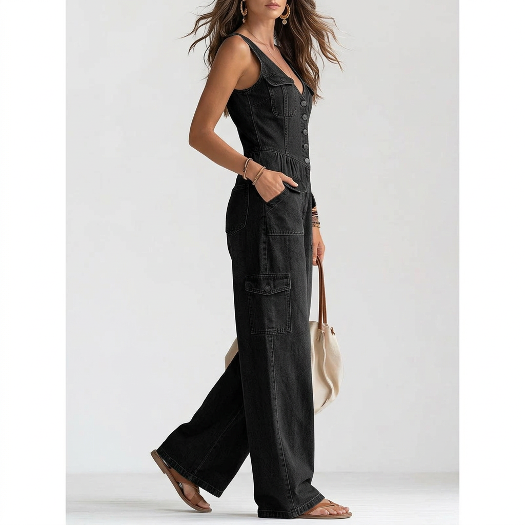 Denim Overall Jumpsuit – Sleeveless Pocket Style, Black