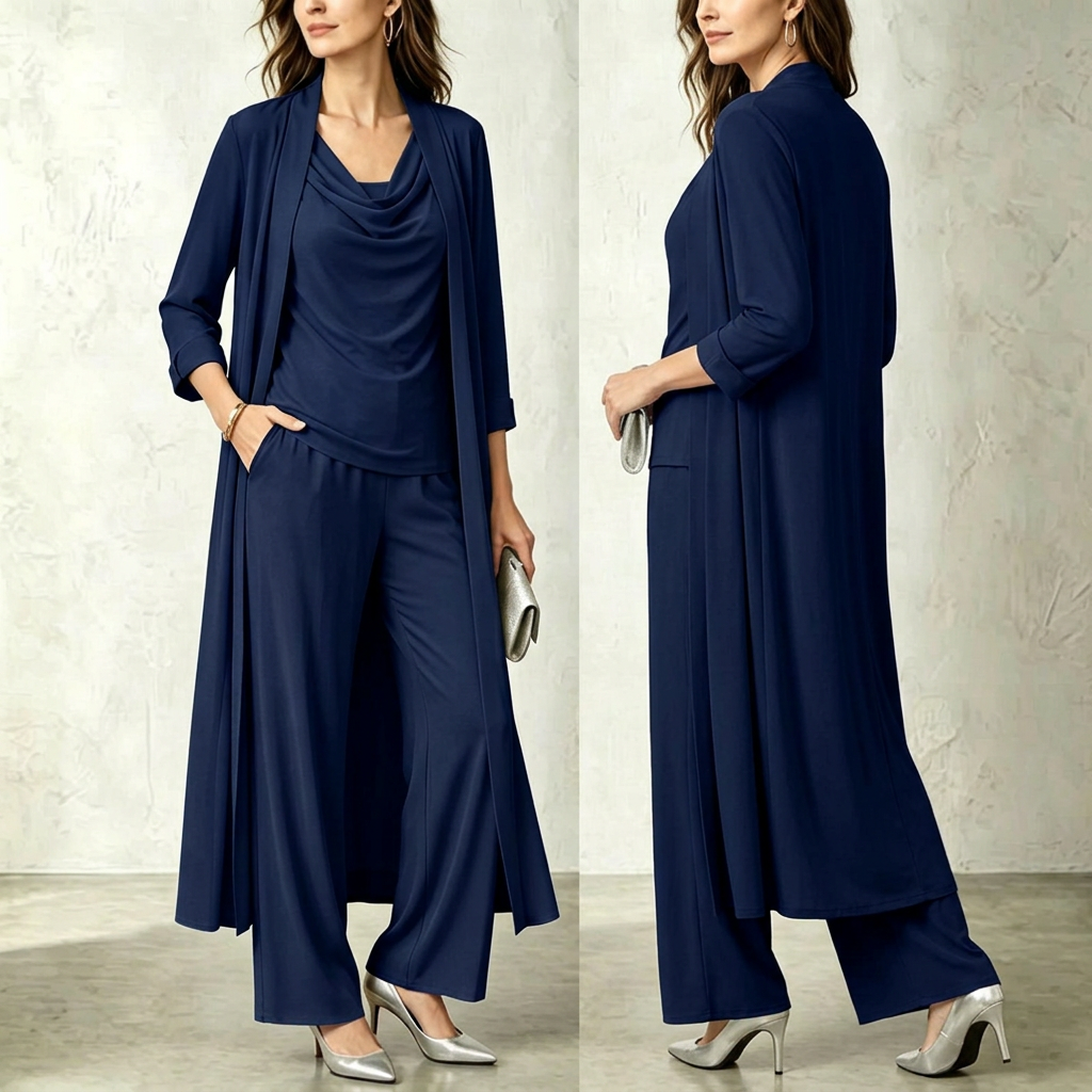 Three-Piece Pants Set – Long Cardigan & Layered Top, navy
