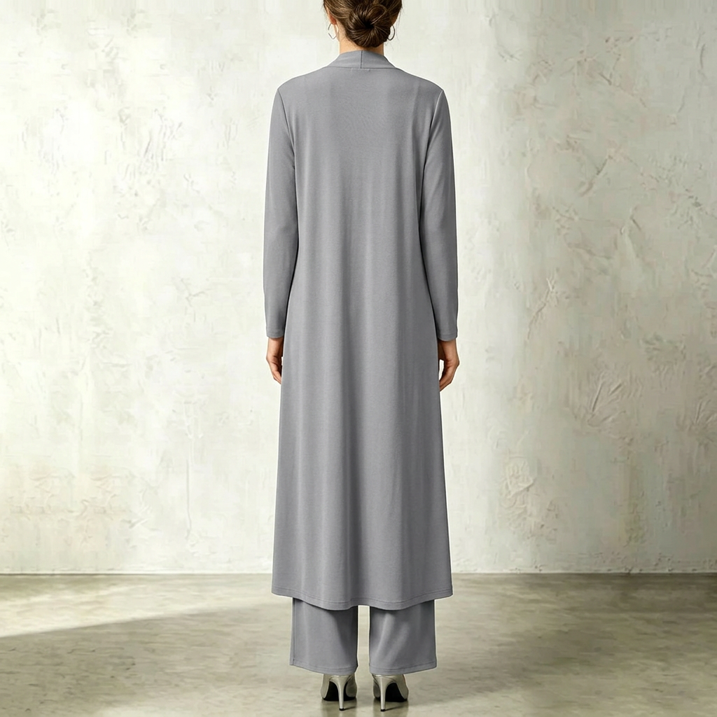 Three-Piece Pants Set – Long Cardigan & Layered Top, gray