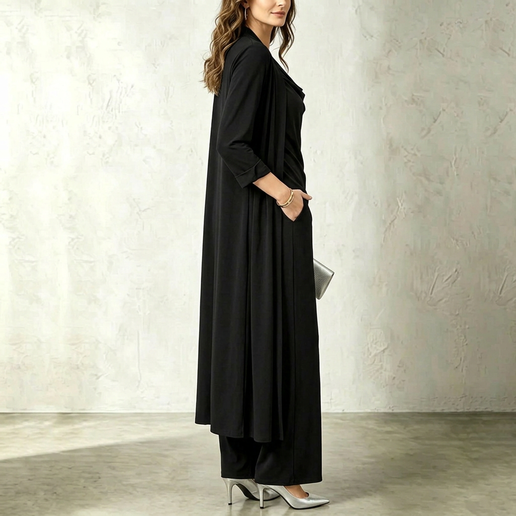 Three-Piece Pants Set – Long Cardigan & Layered Top, black