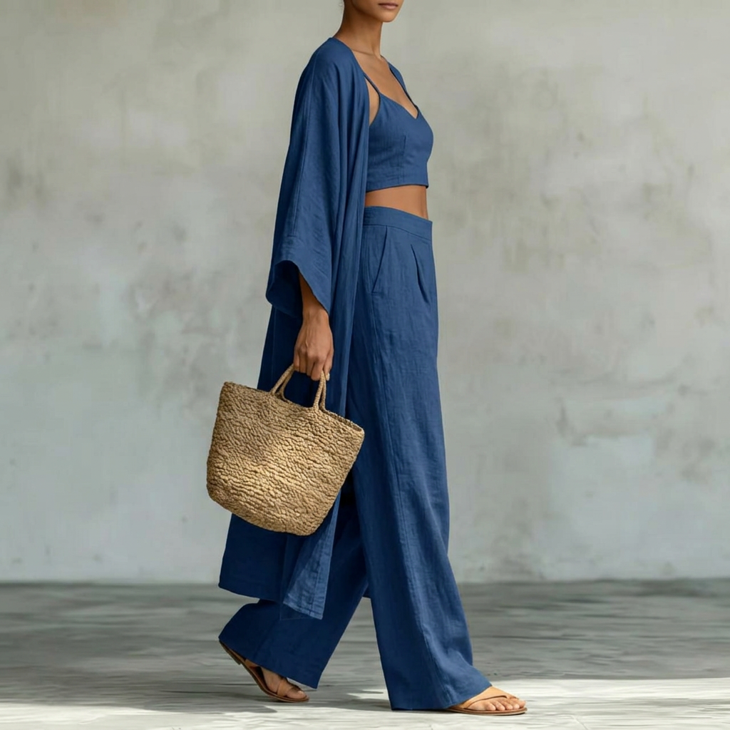 Wide-Leg Pants Set – Long Cardigan & High-Waist Pants, blue