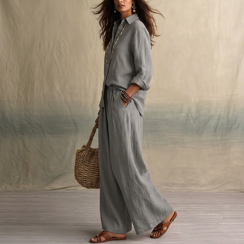 Linen Shirt & Pants Set – Relaxed Three-Quarter Sleeves, gray