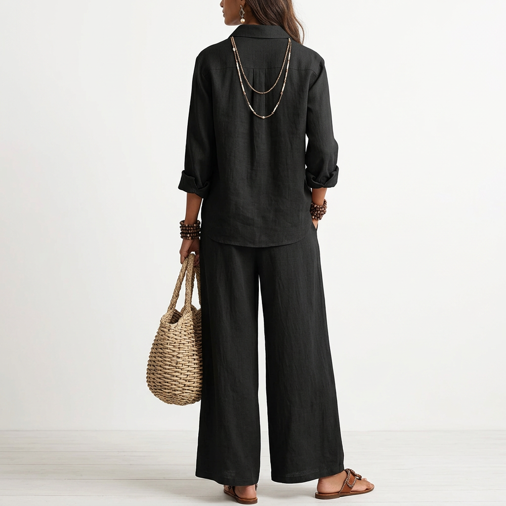 Linen Shirt & Pants Set – Relaxed Three-Quarter Sleeves, black