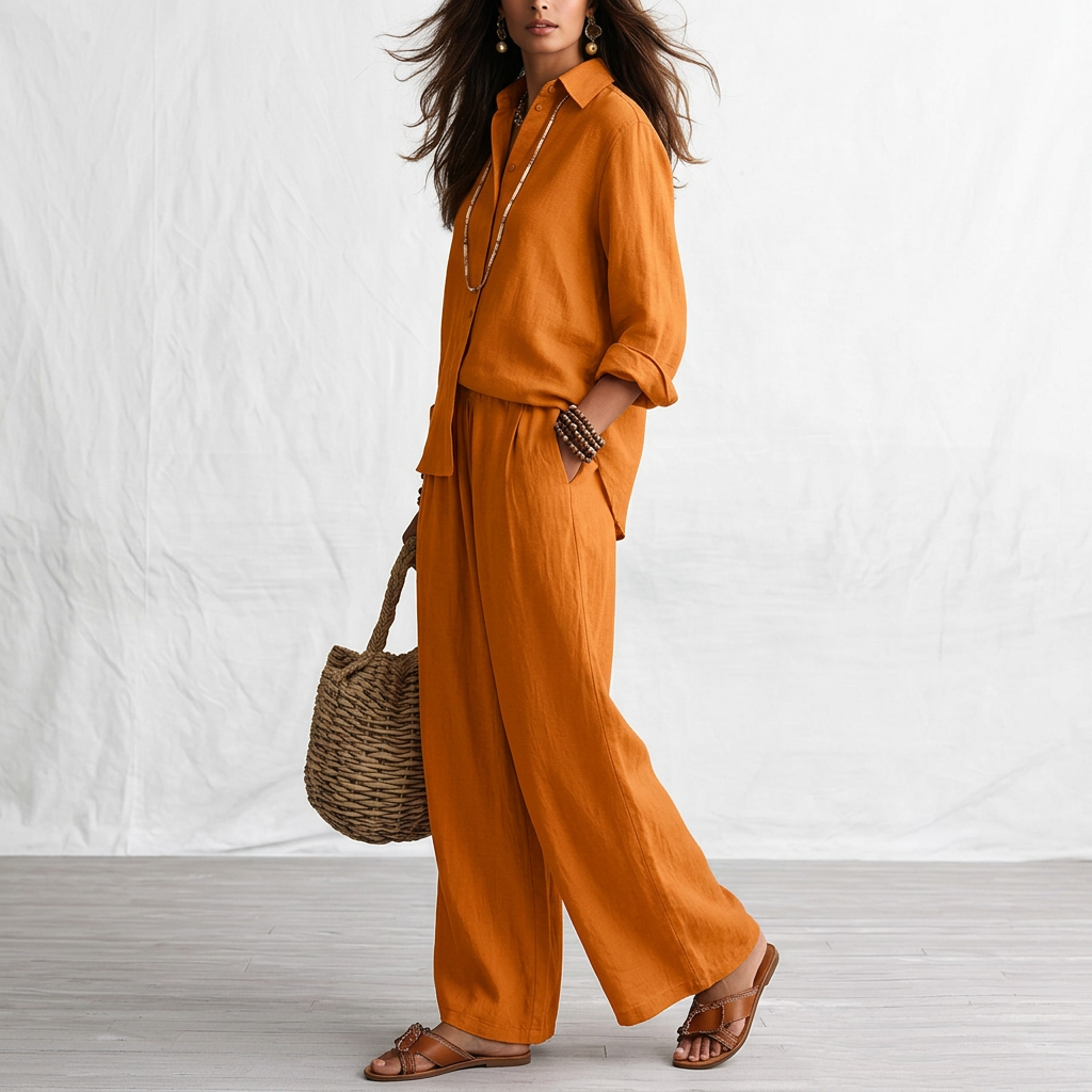 Linen Shirt & Pants Set – Relaxed Three-Quarter Sleeves, orange