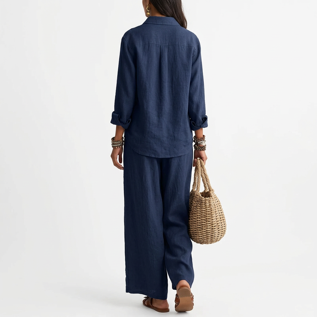 Linen Shirt & Pants Set – Relaxed Three-Quarter Sleeves, navy