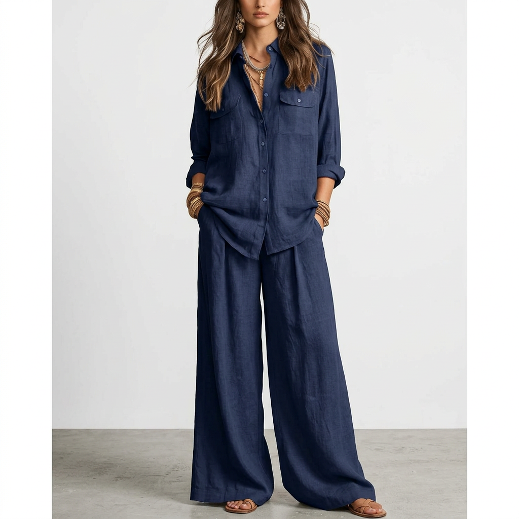 Linen Wide-Leg Pants Set – Button-Front Shirt, navy