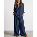 Linen Wide-Leg Pants Set – Button-Front Shirt, navy