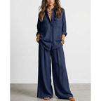 Linen Wide-Leg Pants Set – Button-Front Shirt, navy