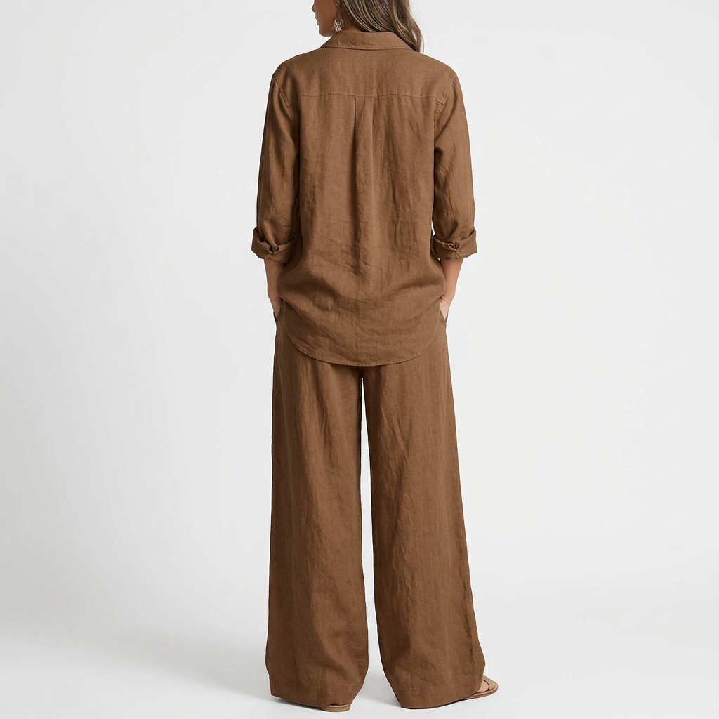 Linen Wide-Leg Pants Set – Button-Front Shirt, brown