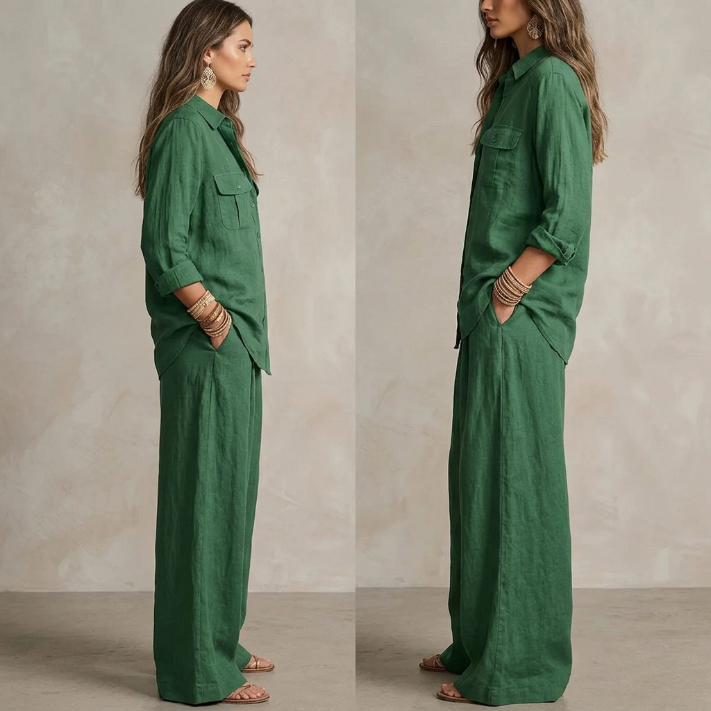 Linen Wide-Leg Pants Set – Button-Front Shirt, green