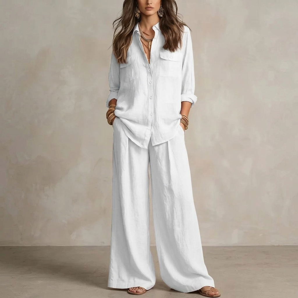 Linen Wide-Leg Pants Set – Button-Front Shirt, white