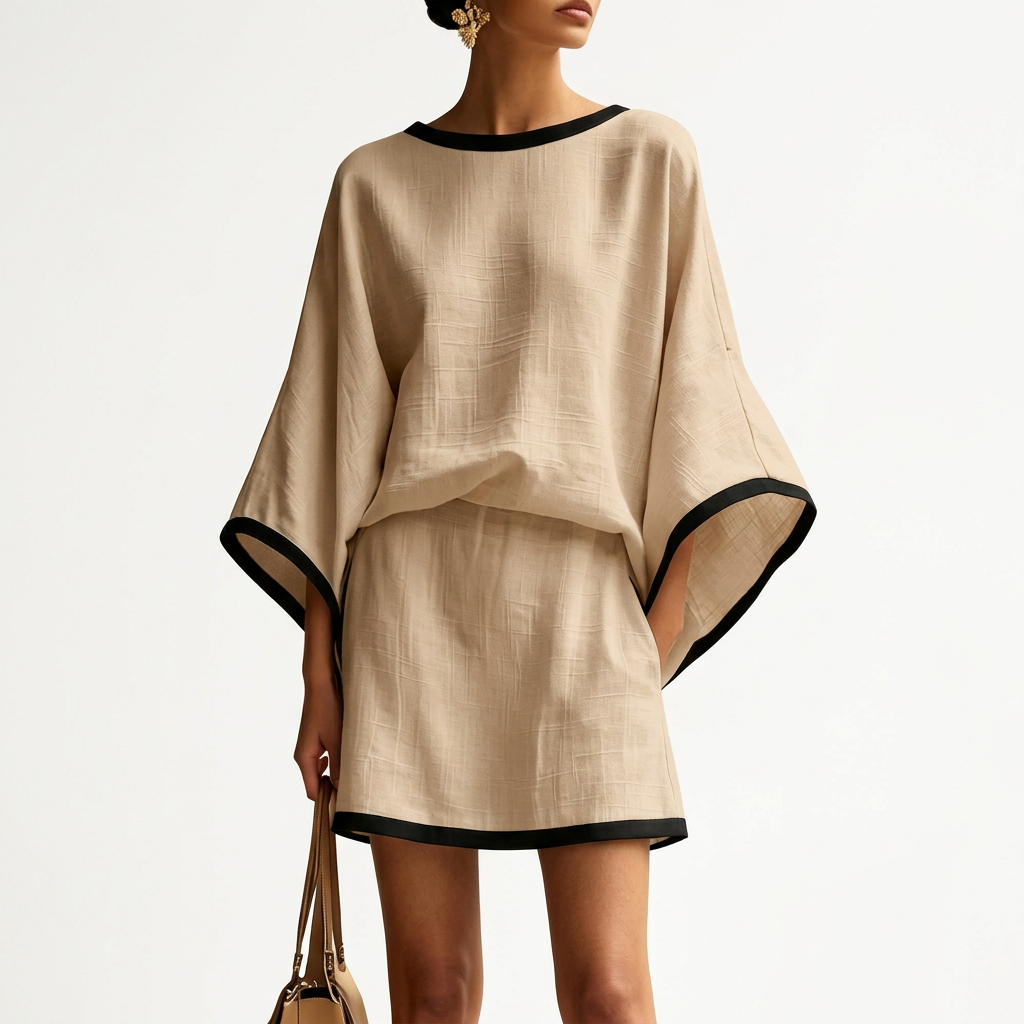 Linen Top & Mini Skirt Set – Batwing-Sleeve Ease, beige