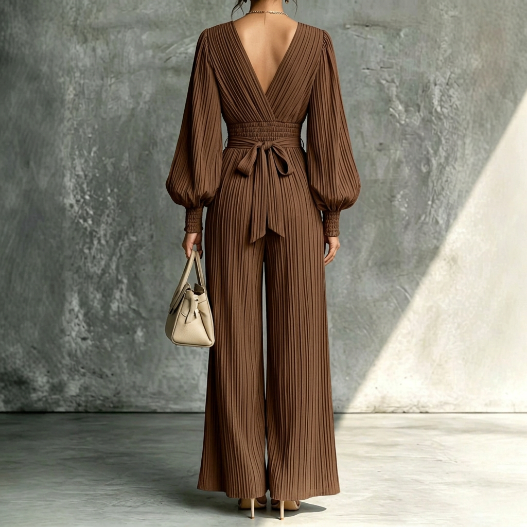 V-Neck Long-Sleeve Dress – Elastic-Waist Fit, brown