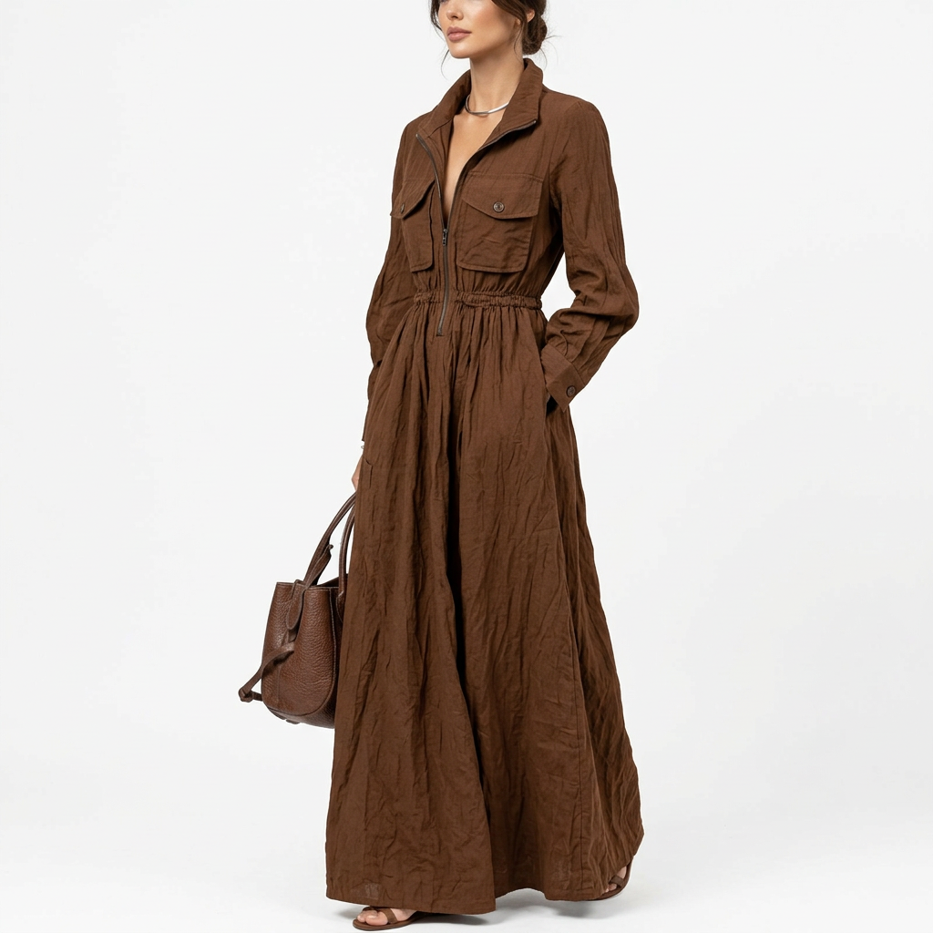 Zip-Front A-Line Maxi Dress – Elastic Waist, brown