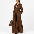 Zip-Front A-Line Maxi Dress – Elastic Waist, brown