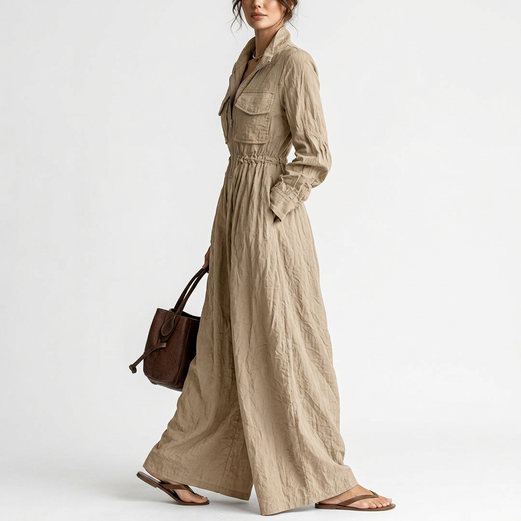 Zip-Front A-Line Maxi Dress – Elastic Waist, beige