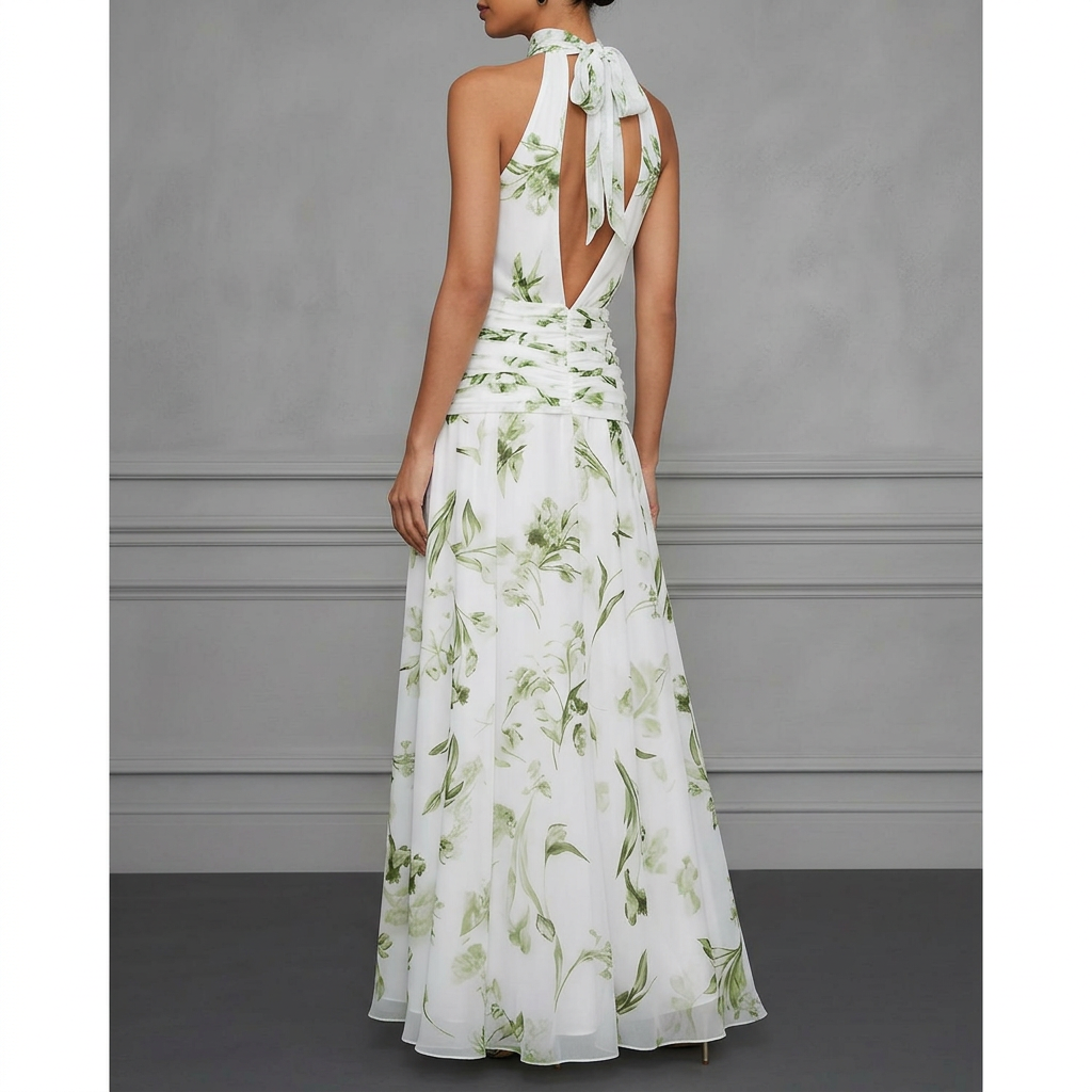 Strapless Printed Maxi Dress – Fitted Sleeveless Shape, White Green
