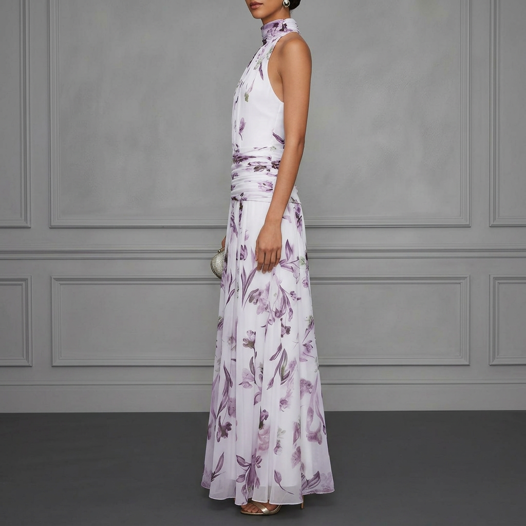 Strapless Printed Maxi Dress – Fitted Sleeveless Shape, White and purple