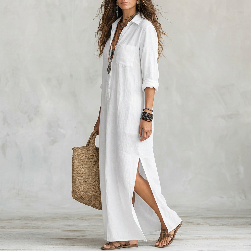 Spring Summer Notch Lapel Shirt Dress - white