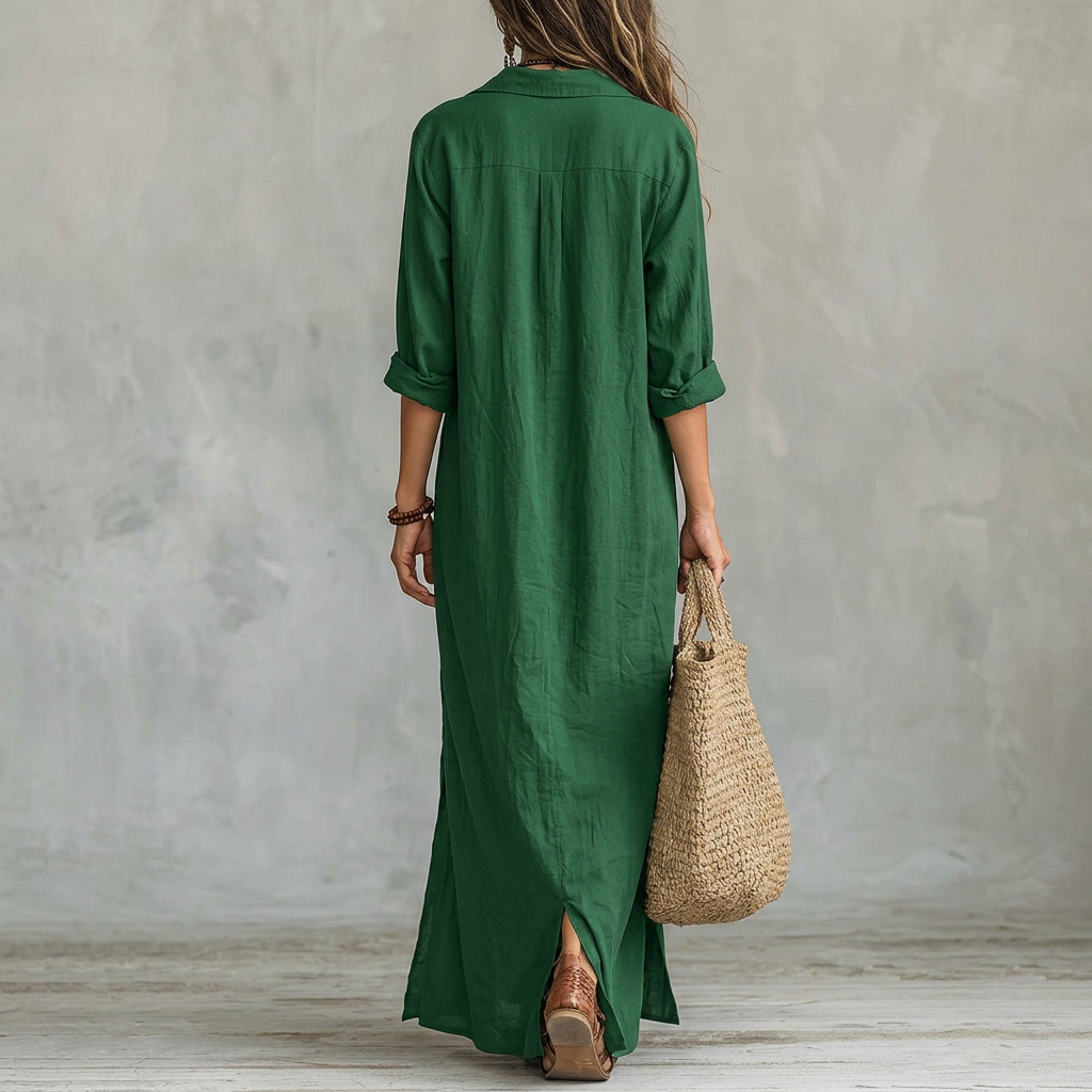 Spring Summer Notch Lapel Shirt Dress - green