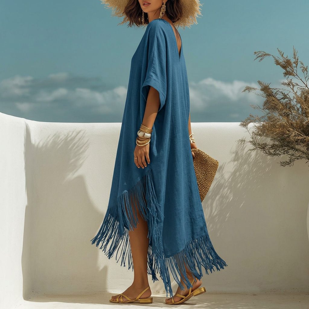 New Casual Beach Travel Fringe Dress - blue