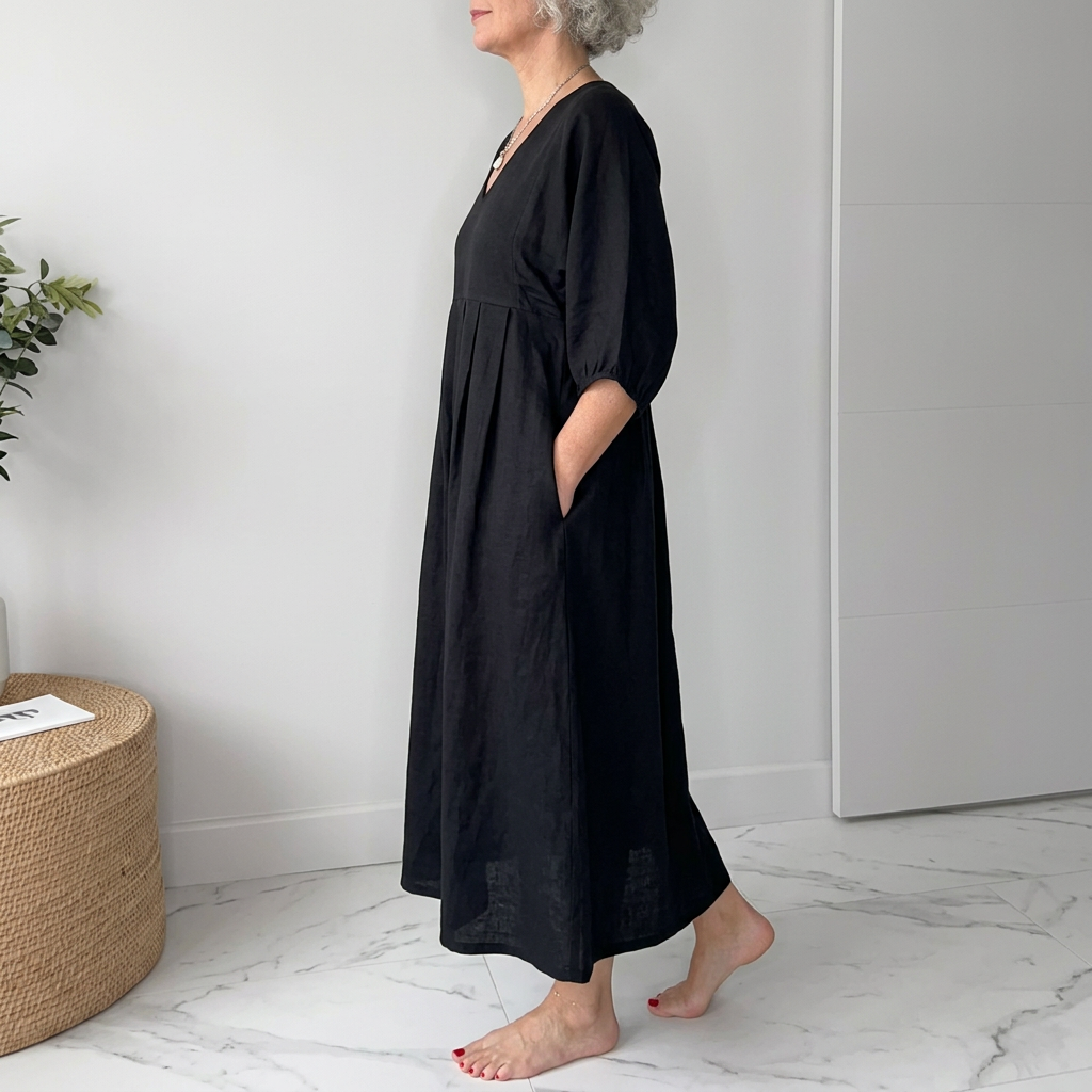 Deep V-neck pleated pocket dress - black