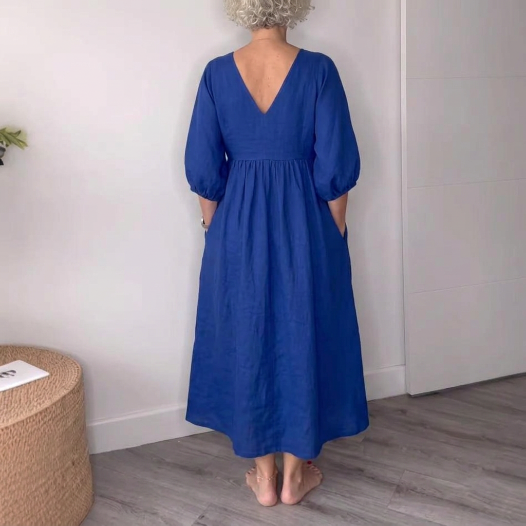 Deep V-neck pleated pocket dress - blue