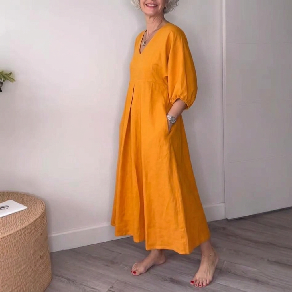 Deep V-neck pleated pocket dress - orange