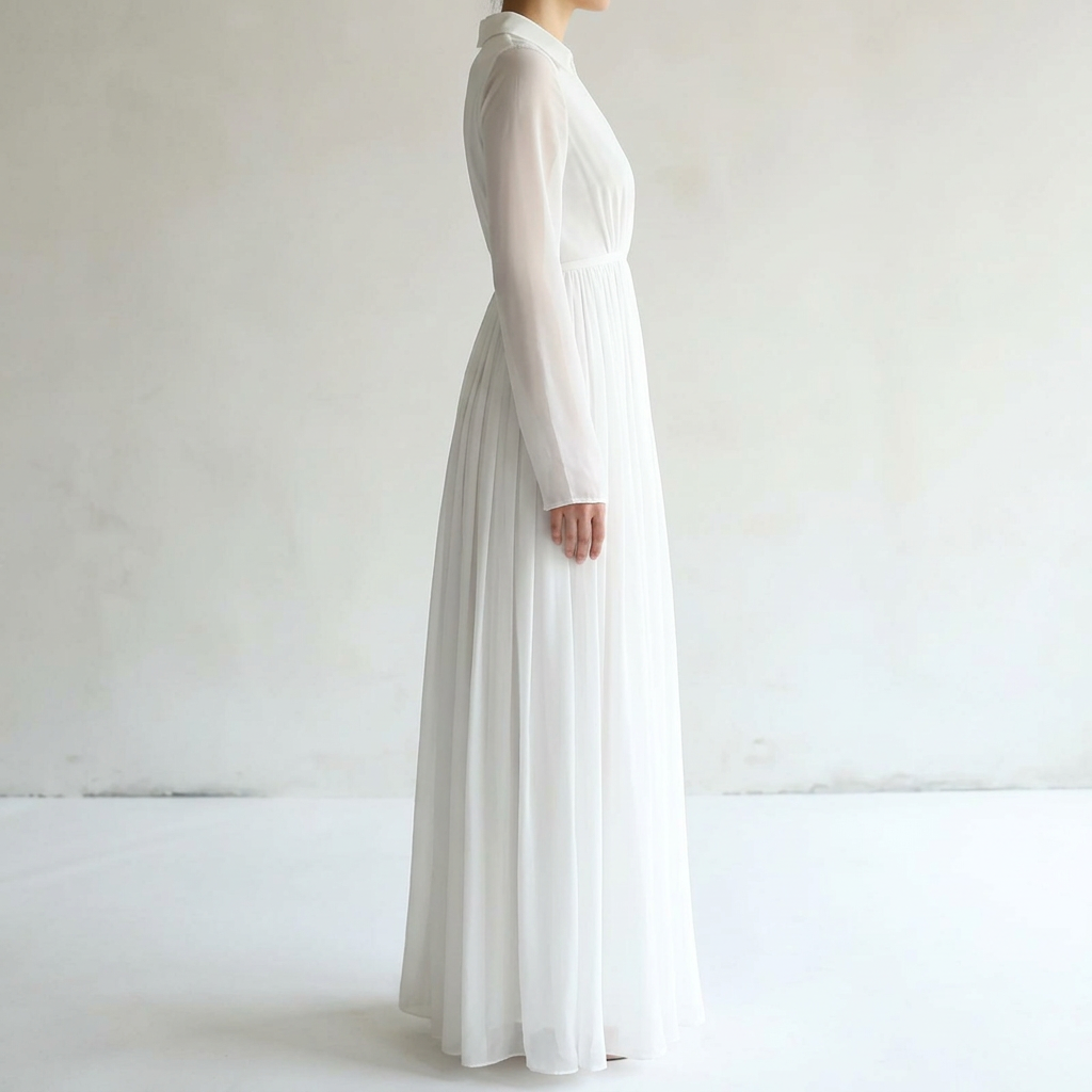 Printed long sleeved long collar dress - white