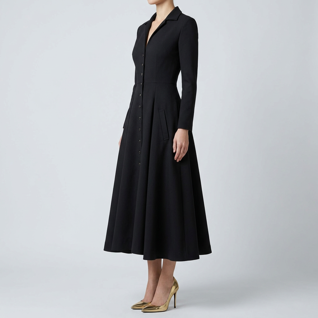 V-neck waist cinched long sleeved dress - black