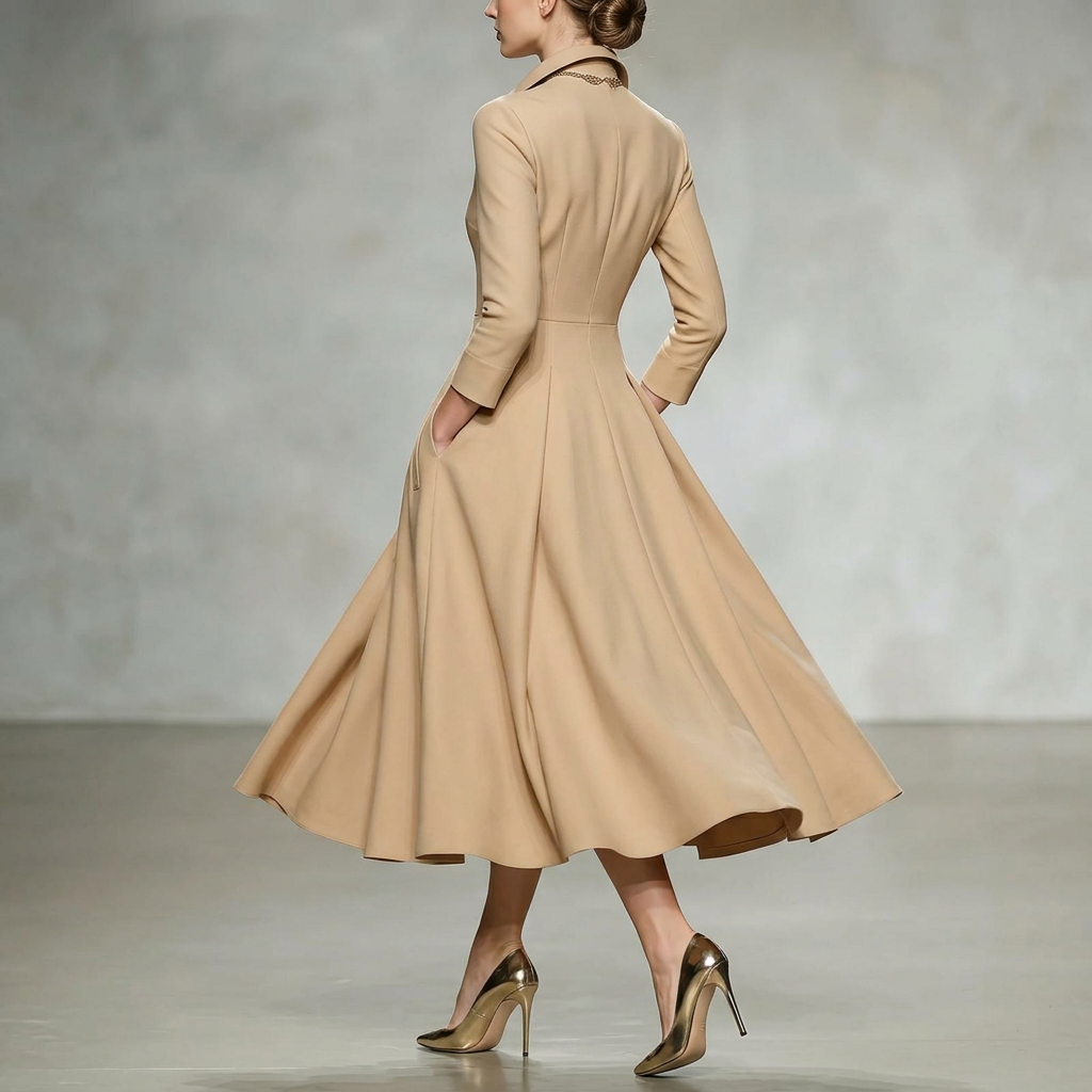 V-neck waist cinched long sleeved dress - beige