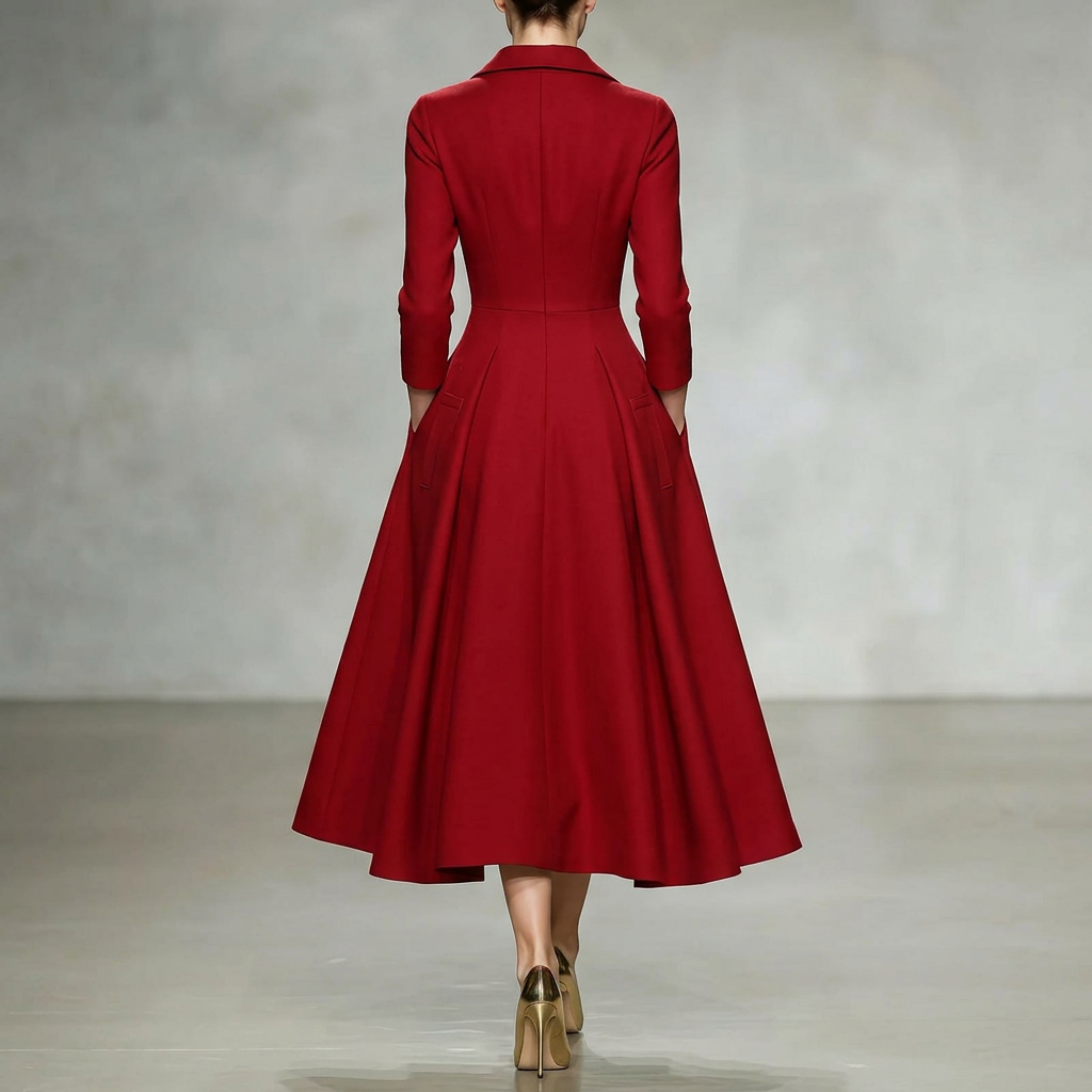 V-neck waist cinched long sleeved dress - red