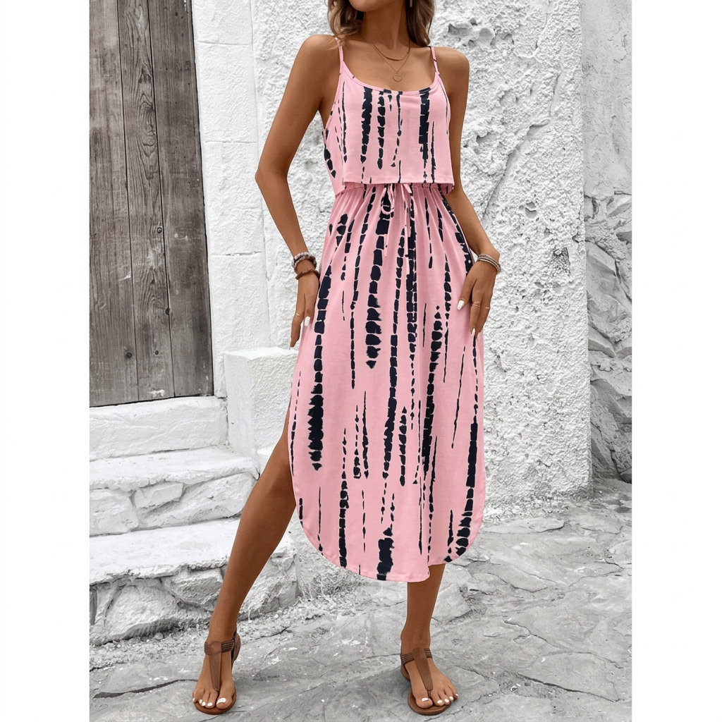 Printed camisole dress - pink base with black stripes