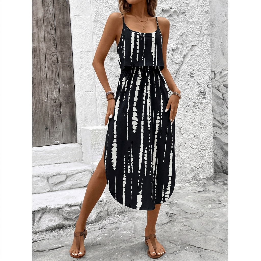 Printed camisole dress - black with white stripes