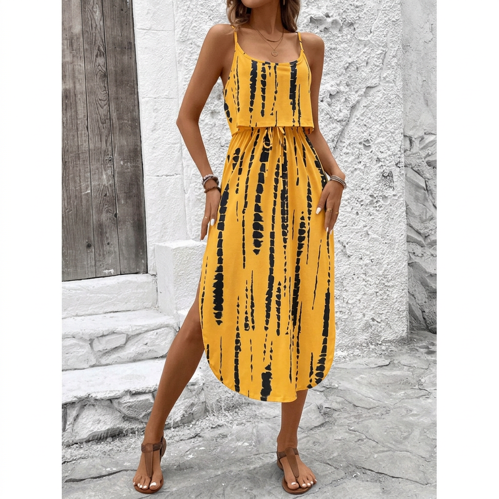 Printed camisole dress - yellow background with black stripes