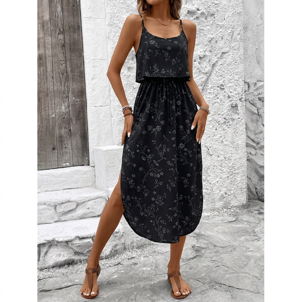 Printed camisole dress - black flower