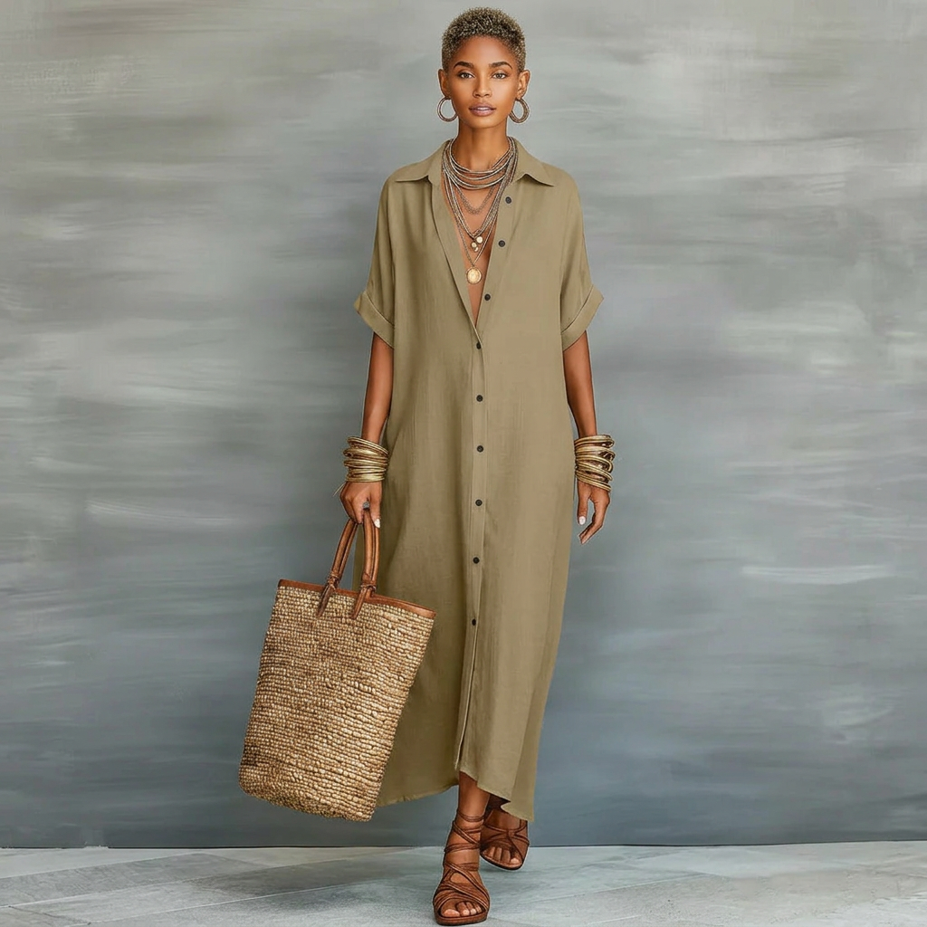 Loose short sleeved shirt skirt - khaki