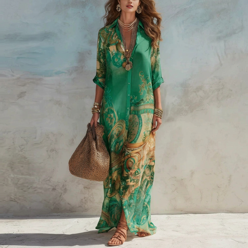 Blue Tone Printed Chiffon Beach Dress - green