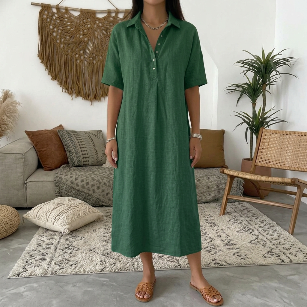 Casual Linen Polo Neck Dress - green