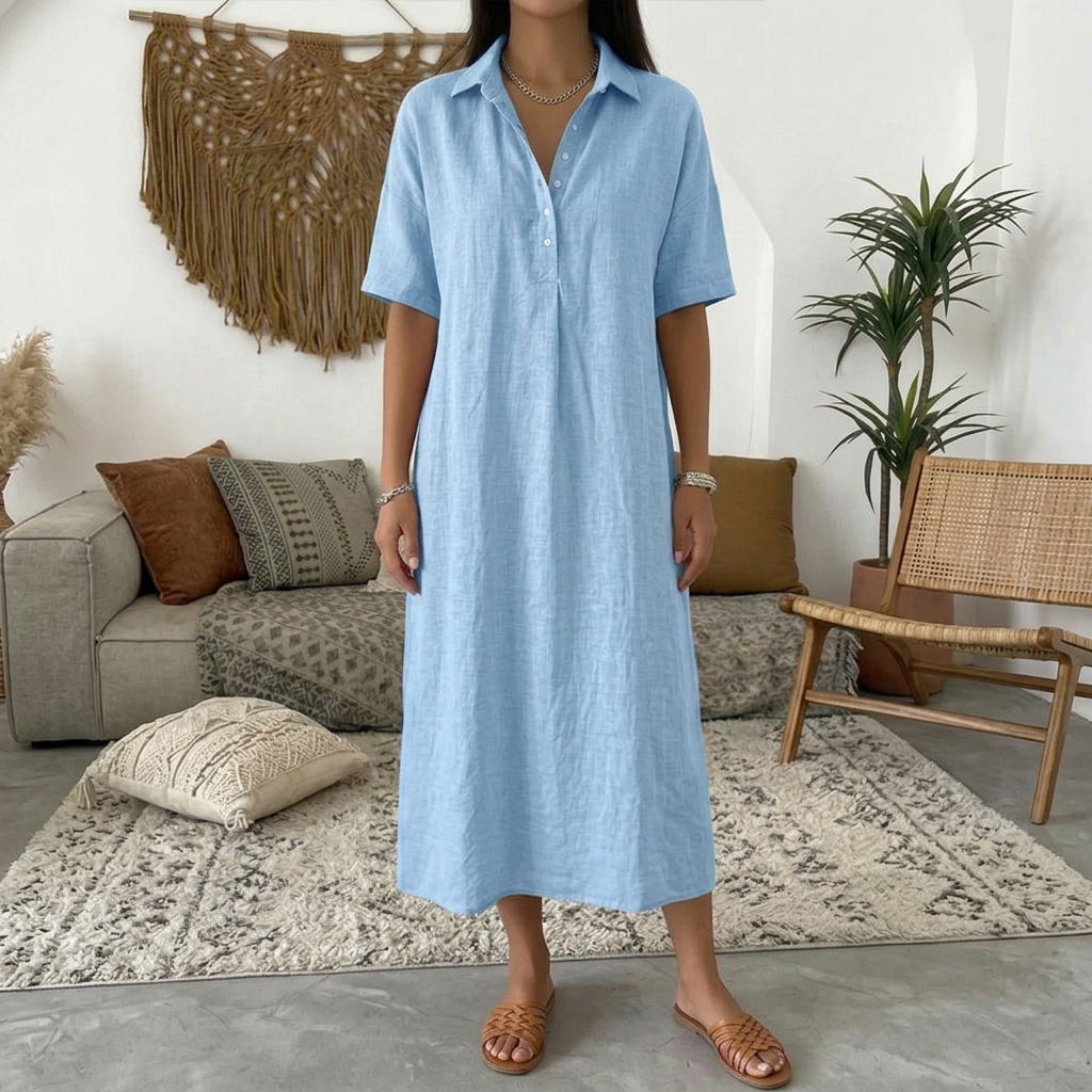 Casual Linen Polo Neck Dress - light blue