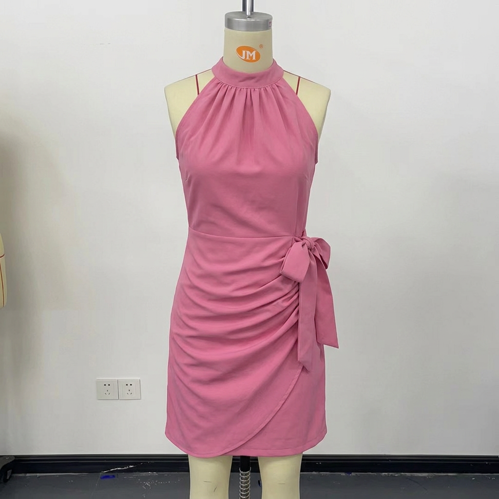 Summer Fashion Sleeveless Floral Ruched Mini Dress - pink
