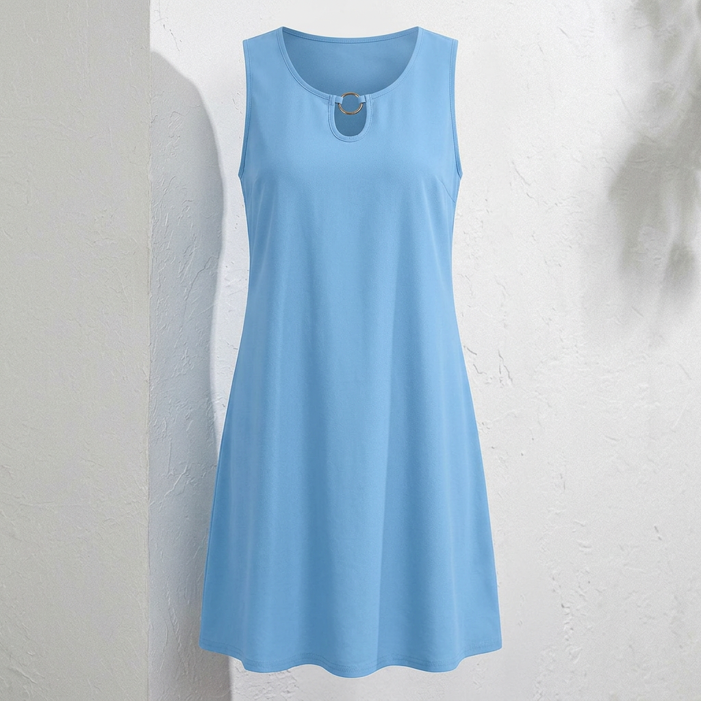 Elegant U-Neck Floral Print Dress - sky blue
