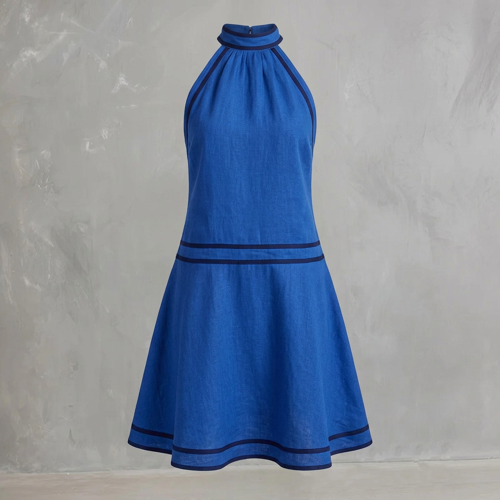Choker Neck Fashion Short Dress with Striped Trim - blue