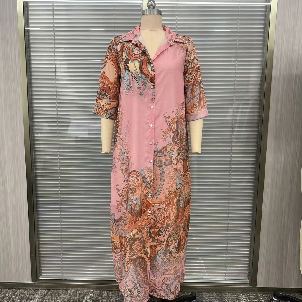 Chiffon Digital Print Fresh Vintage Flowy Women's Dress - pink