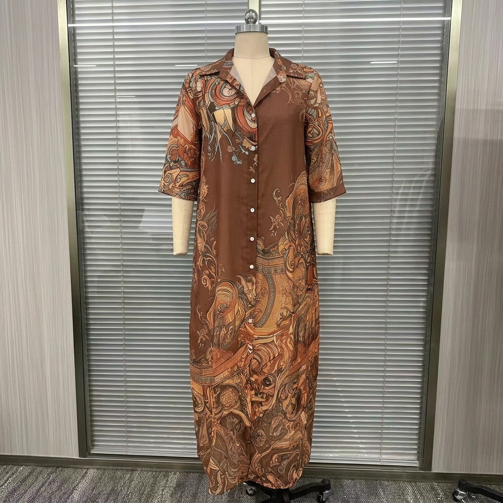 Chiffon Digital Print Fresh Vintage Flowy Women's Dress - brown
