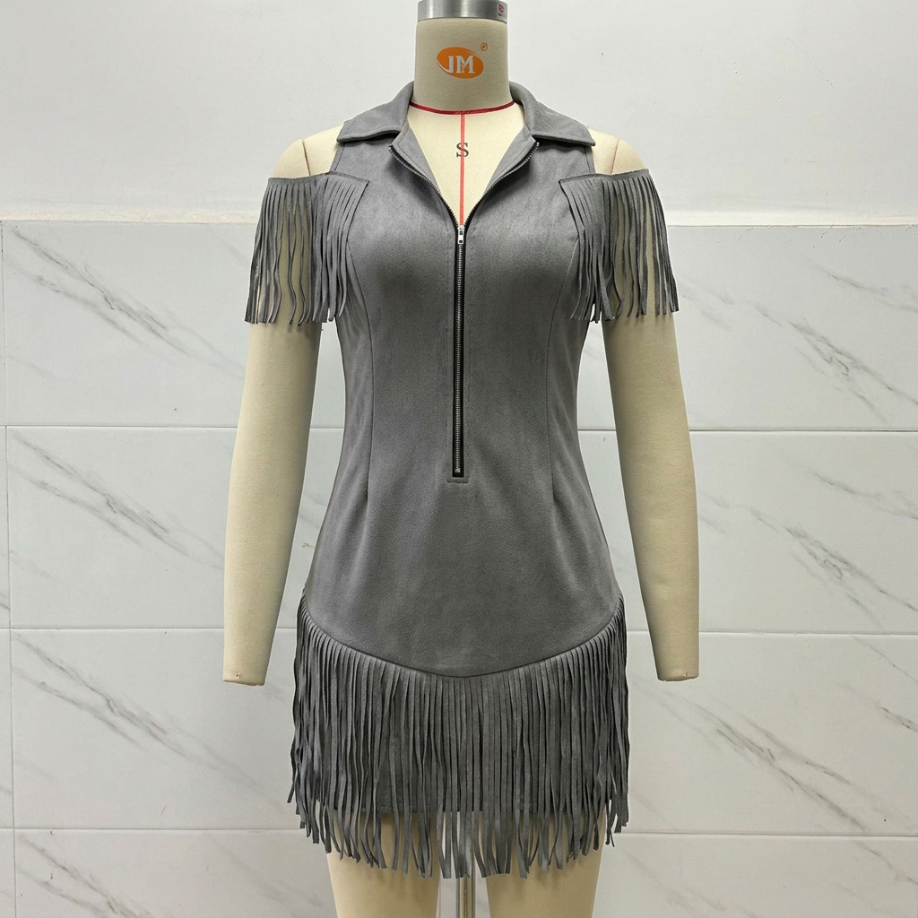 Tassel off shoulder dress - Gray