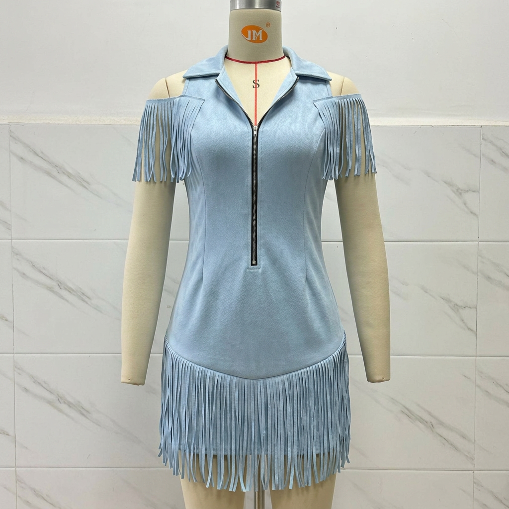 Tassel off shoulder dress - Light blue
