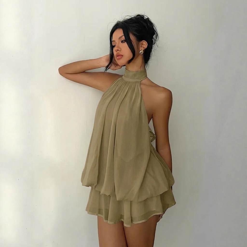 Women's vacation fitted sexy backless halter neck tie-waist dress - Khaki